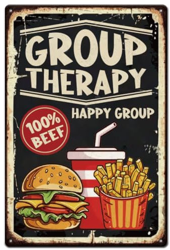 SUPERDANT Group Therapy Metallschild Burger Fries Coke Retro Blechschild Lustiges Fast Food Kunstschild Glückliche Gruppe Vintage Schild Für Restaurants Küche Pub Wanddekoration Plakettenschild