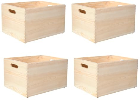 Creative Deco 4 x XXL Große Holzkiste Obstkiste Korb 40x30x24cm mit Griffen | (+/-1cm) | ohne Deckel | Hölzerner Kasten Unlackiert Holzbox Kiste Weihnachten | Für Dokumente Wertsachen Spielzeuge