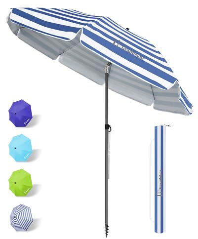 Grandekor Parasol de plage, parasol de jardin exterieur | UV50+ | Ombrelle réglable en hauteur et inclinaison | Avec ancre de plage de 12cm, Pour plage, balcon & terrasse, 180cm, Rayure Bleue Blanche