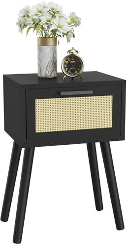 YMYNY Table de Chevet, Table D'appoint avec Rangement, Pieds en Bois, Décorés à La Main en Rotin, Tiroir Magnétique, 35x27x53 cm, pour Chambre à Coucher, Salon, Noir HST010B