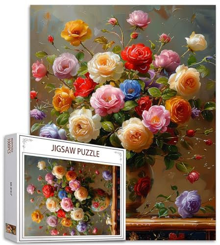 Tucocoo Puzzle de roses colorées dans un vase pour adultes de 1 000 pièces, puzzle abstrait vintage pour décoration de la maison, cadeaux, puzzle familial, parfait pour les soirées de jeu