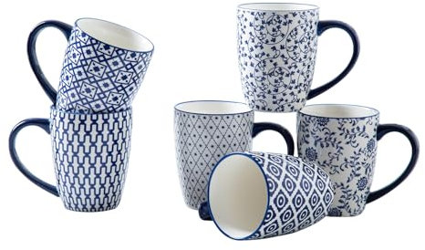 Ceramic Coffee Mugs Set - 470 ml Large Porcelain Tea Cups with Handle for Women Men Cocoa Cappuccino Latte - Christmas Housewarming Gift - Dishwasher Safe - Set of 6 - Vintage Blue