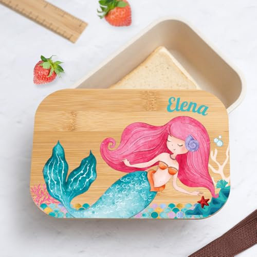 Transparent Gift Fiambrera con Tapa de Madera Infantil Personalizada con Nombre Sirenita. Fiambreras para Niños y Niñas Excursión, Colegio y Guardería. Caja de Almuerzo y Merienda para Vuelta al Cole