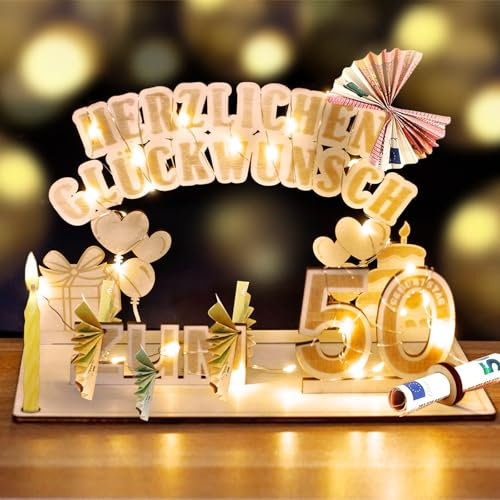 50. Geburtstag Frau Mann, Geldgeschenke Holz mit LED Lichterkette, Geschenk zum 50 Geburtstag Mann Frau, Geschenkideen zum 50 Geburtstag, Herzlichen Glückwunsch