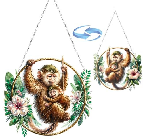 CXINLky DIY Diamond Art Painting Anhänger mit Kette, Tier Diamant Painting Fensterbilder, Kreatives 5D Diamond Malerei Wandbehang Kits für Fenster Wand Garten Decor-04-Affe