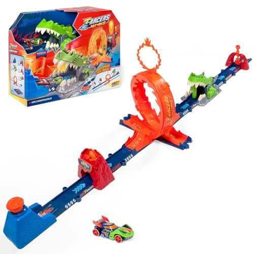 T-Racers Mix ‘N Race Volcanosaurus Pista para Coches de Juguete, Contiene 1 Disparador, 3 Pistas, 1 Coche Exclusivo Nitro Rex y 4 Acrobacias