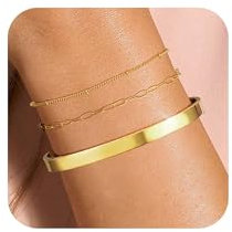 ZHESHY 3 Stück Gold Armband Damen 14 Karat Gold Edelstahl Armreif Armbänder Set Stapelarmbänder Perlen chain Ketten Armreifen Bracelet Wasserfest Goldschmuck Geschenk für Frauen Mädchen