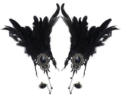 JewelryWe Spitze Feder Ring Armband: Gothic Schwarz Spitzen-Ring-Armband Vintage Feder Handschuhe mit Kette & Fingerring Punk Sklave Ring Handkette Damen Mädchen Halloween Cosplay Kostüm