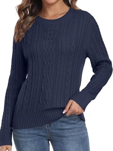QIXING Womens Jumper Fisherman Cable Knit Long Sleeve Winter Tops for Women UK Ladies Pullover(Navy Blue, L)