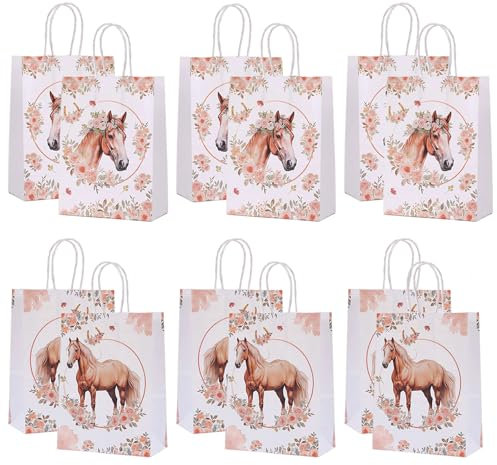 12 Stück Pferde Geschenktüten, Pferde Papiertüten mit Henkel, Tüten Kindergeburtstag, Pferde Deko Geburtstag, Pferde Papier Gastgeschenke Tüten Mitgebseltüten
