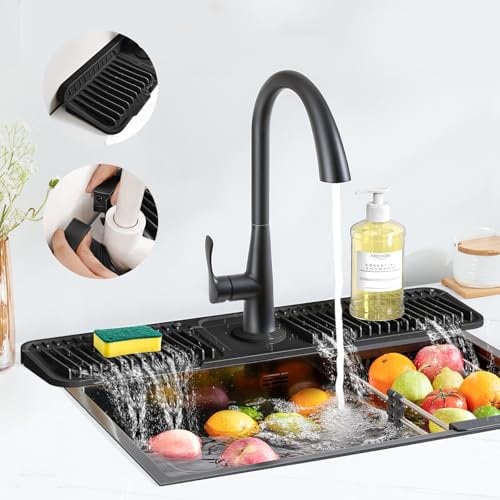 PoYang 24 inch Faucet Mat for Kitchen Sink Splash Guard, 7° Slope Silicone Sink Water Splash Guard for Kitchen Sink Area with Snap Button, Longer Sink Protectors for kitchen Sink Sponge Holder, Black