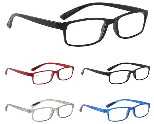 NRDIK PROFLEX LIGHTWEIGHT (5er-Pack) Flexible Lesebrille, schlagfest, kratzfest, biegbar, rutschfest, Unisex (Männer + Frauen) (Rechteckig, BLK, BLU, RED, GRY; +2,5)