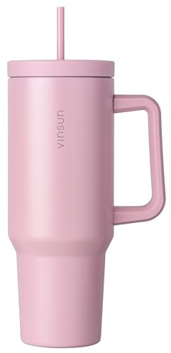 VINSUN Thermobecher 1200ml Pink mit Strohhalm und Henkel - Tumbler Mug 40oz - Kaffee, Tee, Eiskaffee - isolierter Edelstahl Becher für Urlaub, Auto, Uni