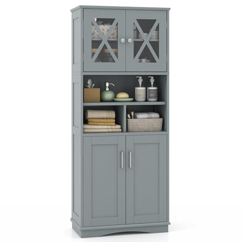 COSTWAY Armoire de Rangement de 145 cm de Haut, 2 Portes en Acrylique Transparent, 3 Compartiments Ouvertes, Colonne Salle de Bain Autoportante, pour Salon, Cuisine, Salle à Manger, Bureau (Gris)