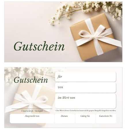 50 Gutscheine zum Selbstausfüllen (DIN Lang, 10,5 x 21 cm), als Blankvorlage für Massage, Nagelstudio, Friseure, Restaurant, Wellness Spa Massagen Beauty, Kosmetiksalon