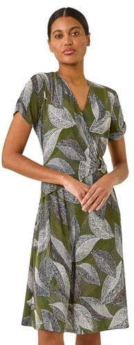 Roman Ring Buckle Wrap Stretch Dress for Women UK - Ladies Autumn Everyday Winter Holiday 3/4 Sleeve Soft V-Neckline Comfy Knee Length Frock Warm Gowns Midi - Khaki Leaf - Size 20