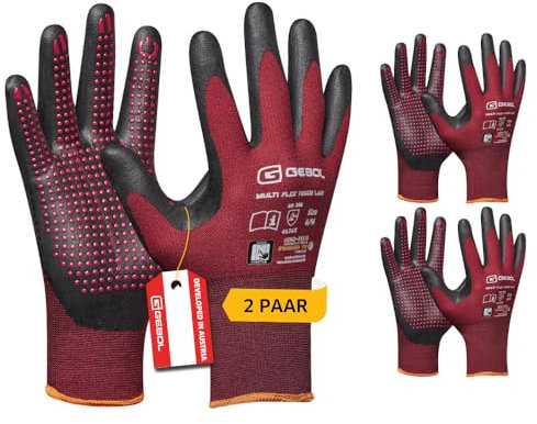 Gebol Multi Flex Touch Lady, 2 Paar Arbeitshandschuhe Damen, Touchscreen-kompatible Nitrilhandschuhe mit Noppen für optimale Fingerfertigkeit & bequemes Tragen, Handschuhe Gr. S (Gr.7), Rot