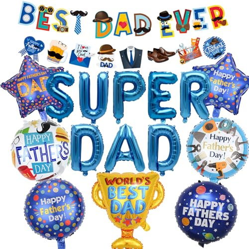 PAUBLLON Vatertagsdekorationen – Vatertagsbanner und Luftballons, Super Dad-Luftballons, Happy Father's Day Wimpelkette für Papa, Party, Zuhause, Bar, Outdoor-Dekorationen (B)