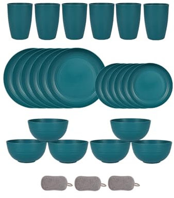 Set di Posate in Plastica da 24 Pezzi Per 6 Persone Ciotole Piatti e Bicchieri Infrangibili Posate da Picnic Colorate e Riutilizzabili Adatto al Microonde e Alla Lavastoviglie (Verde scuro)