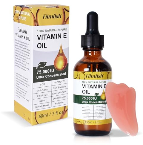 Olio di Vitamina E Bio 75.000 UI + Strumento di Massaggio Gua Sha Viso con Protezione Antiossidante, Idratante, Anti-Età, Riduzione delle Cicatrici per Viso, Corpo, Capelli & Unghie – 60ml
