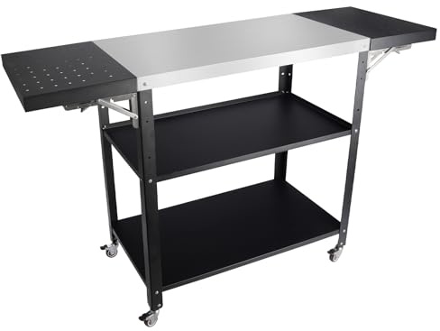 MUYIRTED Outdoor Grilltisch Mit Edelstahl Arbeitsfläche, 3-Etagen Grill Trolley Mit Rollen, 2 Stück 30 cm Faltbarer Beistelltisch, Runde Löcher Zum Aufhängen Von Küchenutensilien, Gartengerätekarren