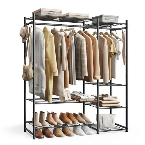 SONGMICS Kleiderständer, offener Kleiderschrank, Garderobenständer mit 7 Ablagen, 2 Kleiderstangen, 4 S-Haken, Metallrahmenm, für Schlafzimmer, Wohnzimmer, Eingangsbereich,schwarz LGR010BZ01