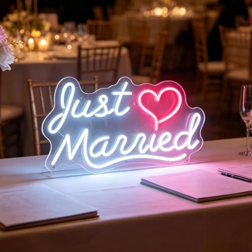 Decorazioni per San Valentino, cartello al neon a LED Just Married, romantico ricevimento di nozze, addio al nubilato, festa di sposi, decorazione da parete, decorazione da tavolo, alimentata tramite