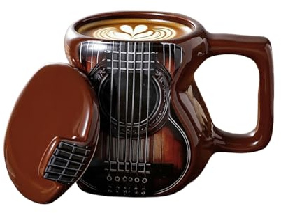 Erconsso Taza de café de guitarra, taza de cerámica de guitarra de 500 ml con tapa y caja de regalo, tazas de cerámica 3D para guitarristas, música, taza de café para Navidad, café para mujeres y