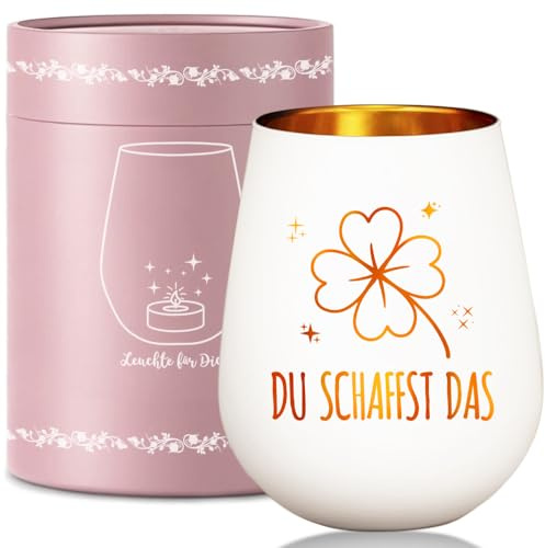 Windlicht Glas Glücksbringer mit Gravur - Du schaffst das, mit Geschenkbox | Mutmacher Geschenk für Prüfung, Abitur, neuen Job, Genesung, Motivationsgeschenke, Deko, für Familie Freunde