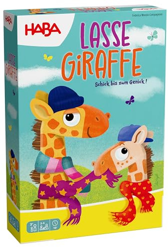 HABA Lasse Giraffe – Farbenfrohes Memo- & Würfelspiel für Kinder ab 3 Jahren – Lustiges Sammelspiel mit bunten Schals – 2 bis 4 Spieler – 2013168001