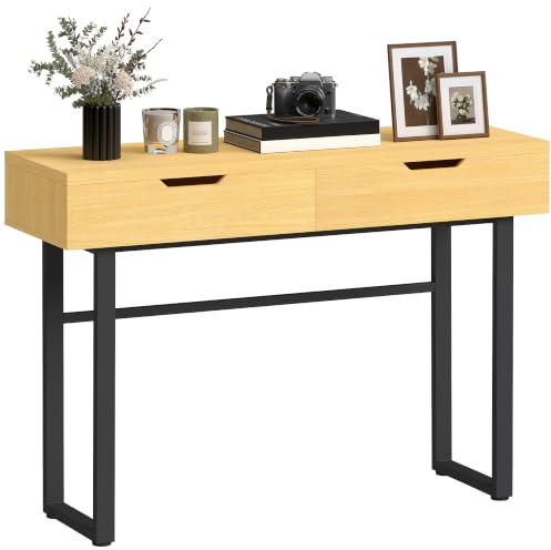 HOMCOM Konsolentisch Schmal Flurtisch 2 Schubladen 110 x 35 x 76,5cm Natur | Beistelltisch, Metallrahmen, Industrie-Design, Flur, Wohnzimmer