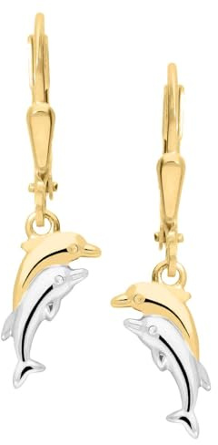 My Gold Damen Mädchen Delfin Ohrringe Gold 333/585 Ohrhänger Echtes Gelbgold Weissgold (8/14 Karat) 25mm x 5,5mm Dolphin Twins