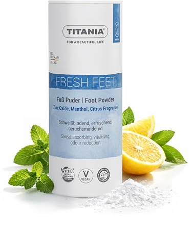 TITANIA Fußpuder - bindet Schweiß, Feuchtigkeit & Gerüche | Erfrischend mit Zinkoxid & Menthol und Zitrusduft für angenehmes Fußklima | Vegan, mikroplastikfrei, 100 g