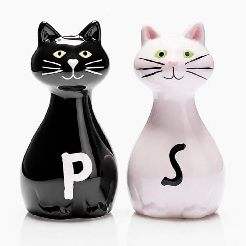 Lot de 2 salières et poivrières en céramique en forme de chat - Pour un usage quotidien - Noir et blanc - 9,5 cm de haut - Décoration idéale pour la cuisine - Facile à remplir - Joli pour tomber