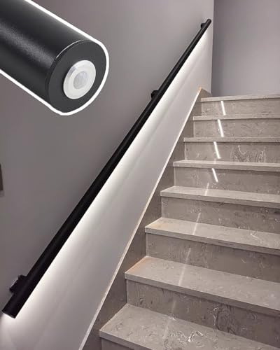 Pasamanos Led Escalera Pasamanos de Escalera con Luz LED con Sensor de Movimiento, Pasamanos Negro Mate para Escaleras Interiores, Kit de Iluminación LED de Pared para Escaleras(Right,3.8m/12.5ft)