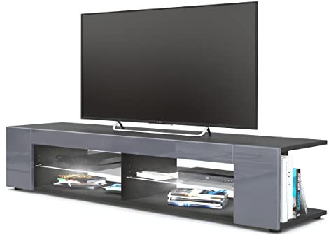 Vladon Lowboard Movie, TV-Kommode mit 4 offenen Fächern und Zierleisten, Schwarz matt/Grau Hochglanz, inkl. LED-Beleuchtung weiß (134 x 29 x 39 cm)