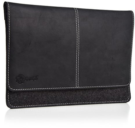 Almwild Apple iPad 11, iPad 10.5, iPad 10.2, iPad 9.7 Zoll Hülle, Tasche. Echtes Rinds- Leder & 100% Woll- Filz. Case in Schiefer- Grau mit magnetischer Umschlagklappe aus Echt- Leder Schwarz