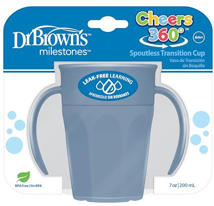 Dr. Brown's Milestones Cheers 360 Cup Spoutless Transition Cup with Handles for Easy Grip and Leak-Free Learning, Blue, 7 oz/200 mL