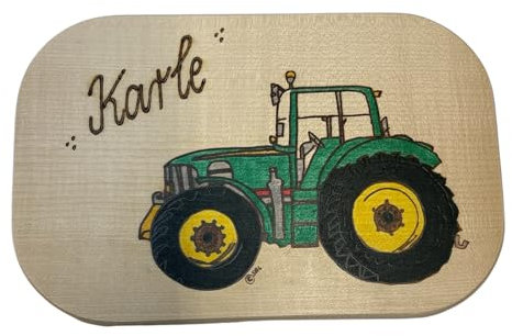 Frühstücksbrett Trecker personalisiert - Traktor grün Holz Namen Frühstücksbrettchen mit kostenloser Gravur - Vesper Brett