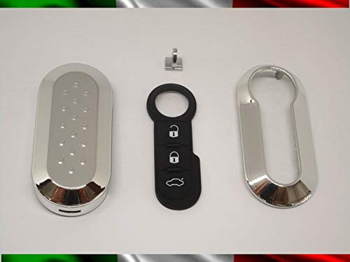 TOPBEST Cover Chiave Guscio + Tasti Tastini in Gomma + Gancio Portachiavi Compatibile con Fiat 500 Grande Punto Evo Bravo Panda 500L Lancia Y Ypsilon Musa Delta Scossa Telecomando Argento