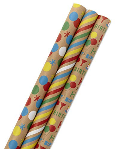 Hallmark Geburtstags-Geschenkpapierrollen für Kinder für Abschlussfeier, Partys, Feiern, alle Anlässe - Braunes Kraft-Geschenkpapier (Set mit 3 Rollen: 105 sq. ftl.)