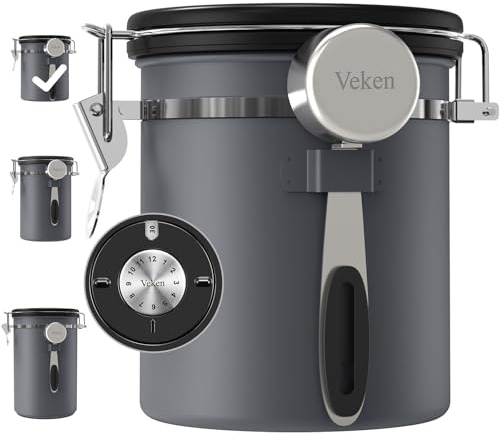 Veken Coffee Canister, Airtight Stainless Steel Kitchen Food Storage Container with Date Tracker and Scoop for Beans, Grounds, Tea, Flour, Cereal, Sugar, 16OZ, Gray