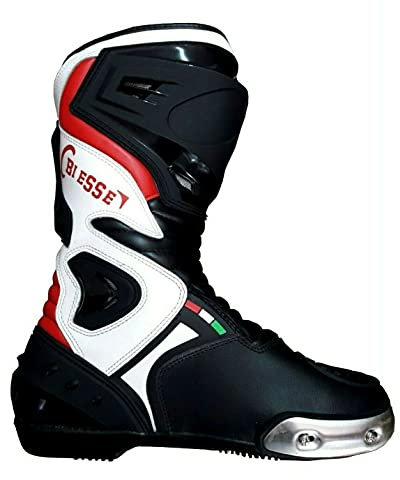 BS MOTO - Stivali Moto Pista Sport Racing, in Pelle Pista Professionale Traspirante (Nero Rosso Bianco, Sistema Taglie Calzature EU, Adulto, Numero, Media, 45)