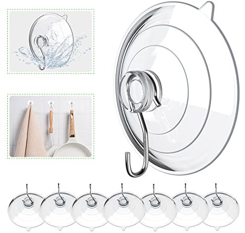 HangerSpace - Ganci a ventosa, in PVC trasparente, con ganci in metallo, 3,2 kg, resistenti, rimovibili, grandi ventose, per cucina, bagno, doccia, parete, finestra, porta in vetro, 8 confezioni