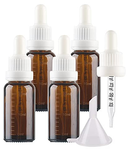4 Piezas 20 ml Ámbar Frasco Cuentagotas Cristal con Gotero Graduado y Cierre Blanco a Prueba de Manipulaciones, Marrón Botellas Cuentagotas Calibrado para Aromaterapia Aceites Esenciales