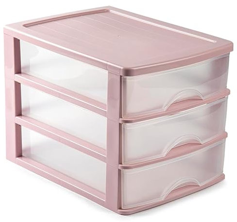 Acan Tradineur - Commode de bureau - Fabriquée en Espagne - 3 tiroirs transparents - Tour de rangement, armoire, salle de bain, bureau - 26 x 27 x 35,5 cm - Rose
