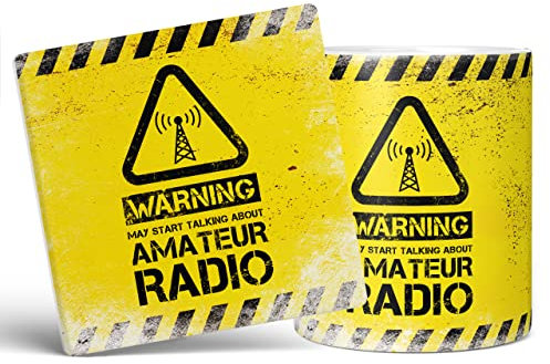Mug Monster - Warning May Start Talking About Amateur Radio Funny Gift Mug - Ceramic Coffee Cup, Gift for Men or Women, Extra Large and Giant Available, 11oz White & Coaster