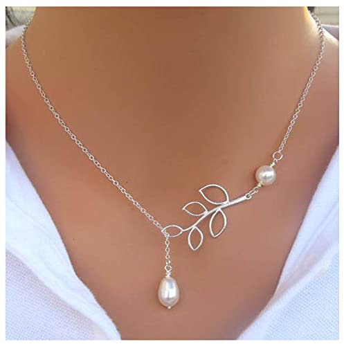 Dervivea Collar Gargantilla Vintage Hoja De Olivo Perlas Lágrima Cadena De Plata Y Lariat Collar Para Mujeres Y Niñas