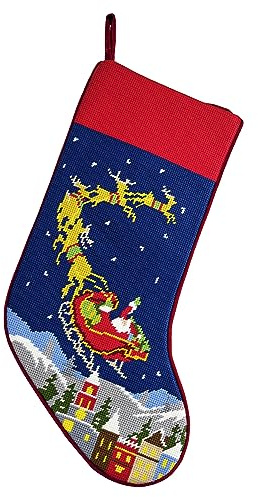 Peking Handicraft Santa Sleigh Reindeer Embroidered Christmas Stocking - 18 x 11