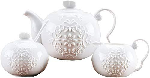 BOSUGE Juegos de café de Porcelana de Fuerza, Tetera de cerámica, Jarra de Leche y azucarero: Patrones de Flores y Mariposas en Relieve